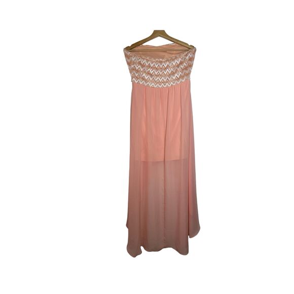 Celavie Peach Strapless High Low Cocktail Dress Size L Chiffon Chevron Print USA - Picture 4 of 11